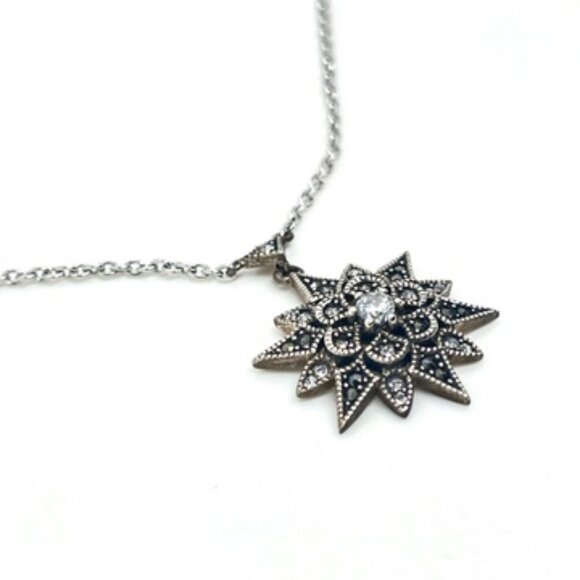JUDITH JACK 925 MARCASITE STARBURST NECKLACE STERLING SILVER CZ SUN PENDANT - Picture 9 of 16